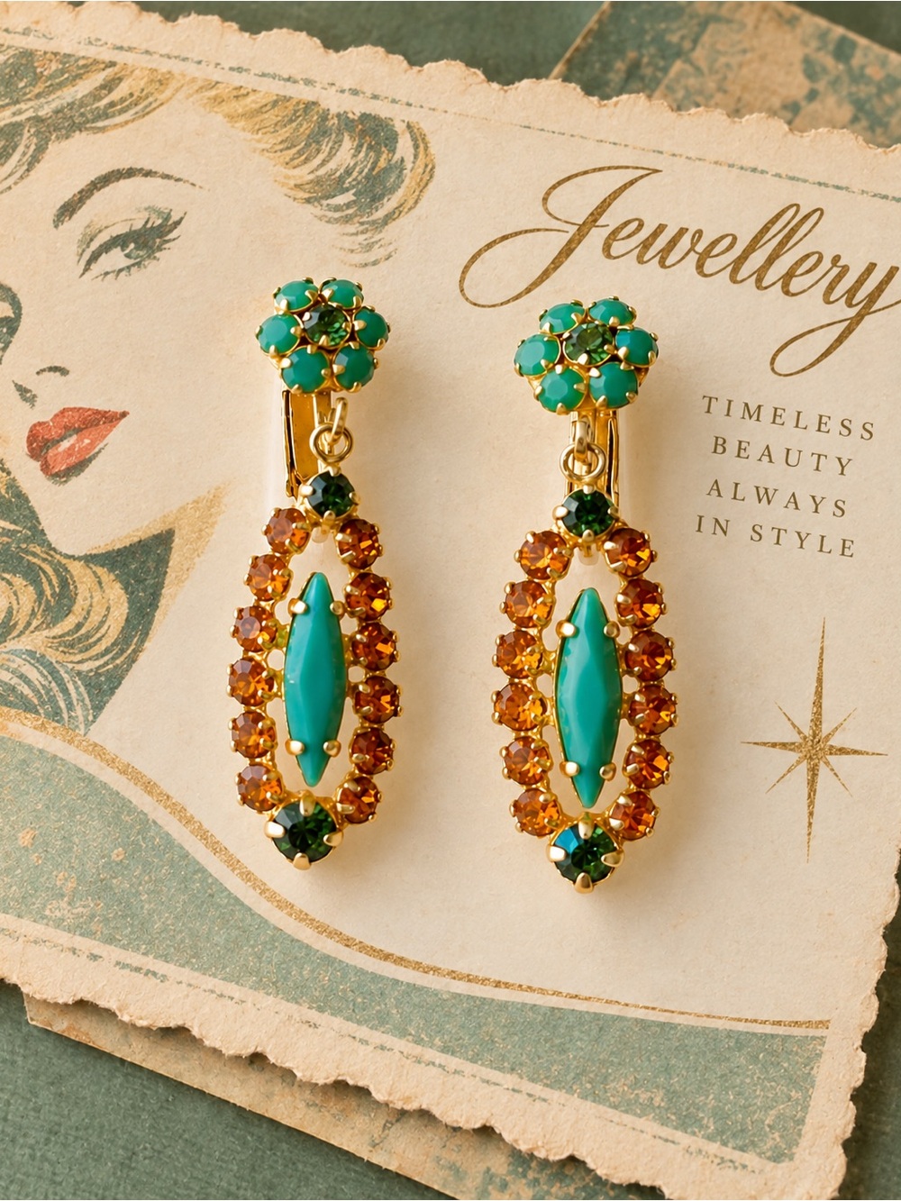 Vintage Sherman Green Turquoise & Amber Rhinestone Clip-On Drop Earrings